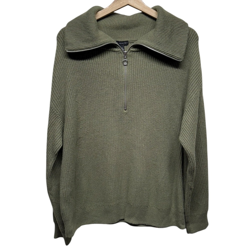Talbots Womens Ribbed 1/2‎ Zip Sweater Pullover Size XL Olive Green